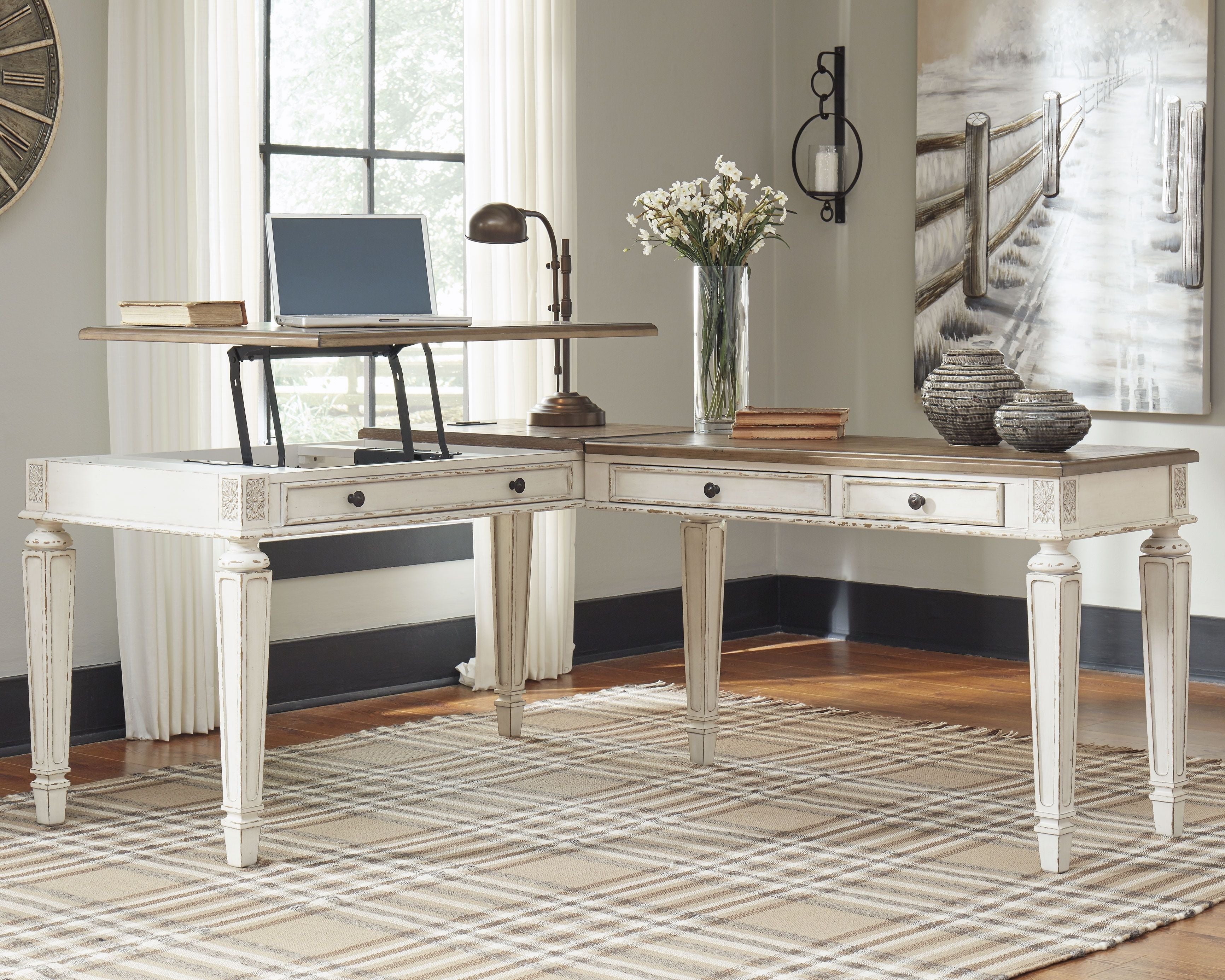 Realyn - L Shaped Desk with Lift Top - White / Brown