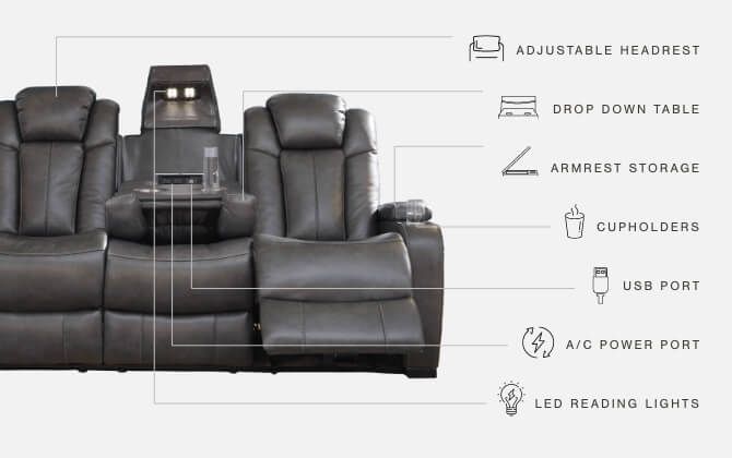 Turbulance - Quarry - PWR REC Sofa with ADJ Headrest