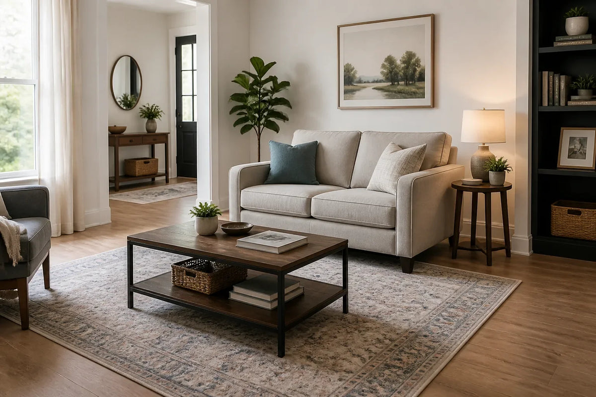 Illustration of a compact living room loveseat with a coffee table, rug, and open walking space