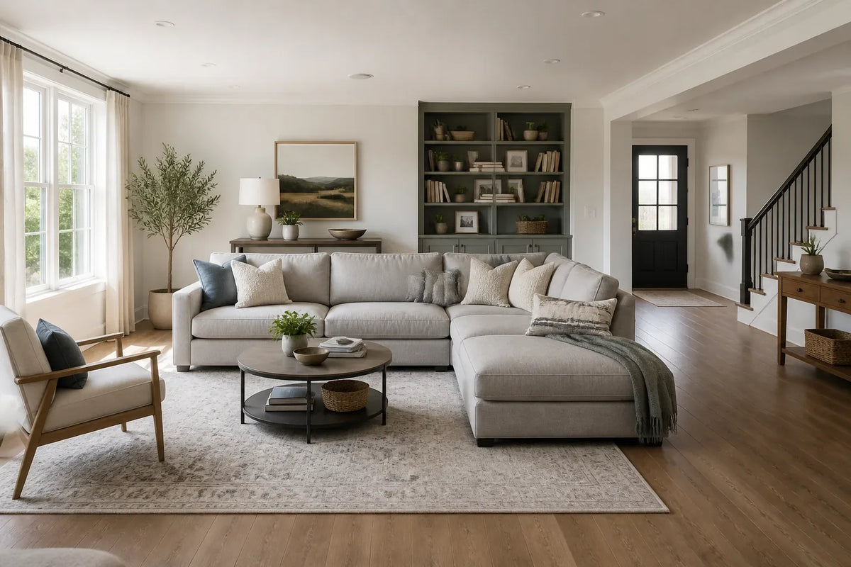 Illustration of an L-shaped living room sectional in a bright home with a clear walking path around the seating