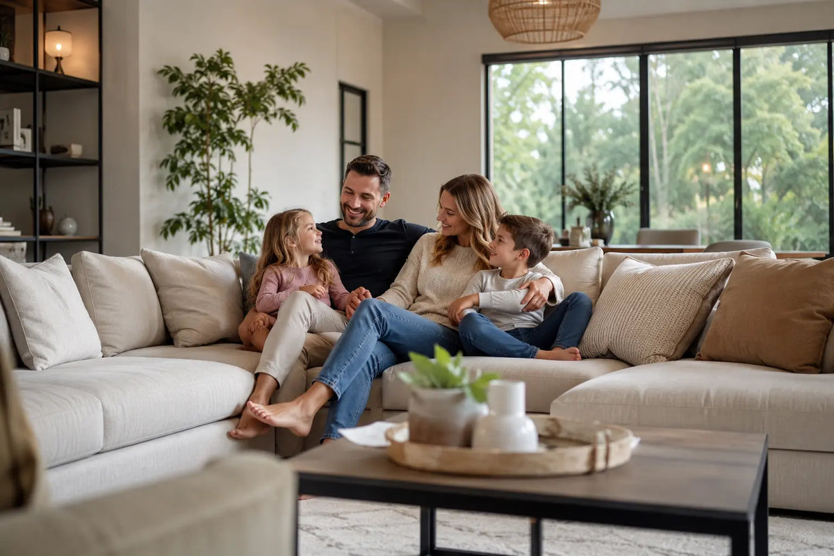Modern family relaxing on a comfortable living room sofa in a bright contemporary home with natural light and stylish furniture