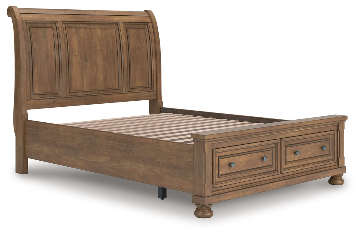 Feddinger - 3 Pc. - Queen Sleigh Storage Bed, Dresser And Mirror - Medium Brown