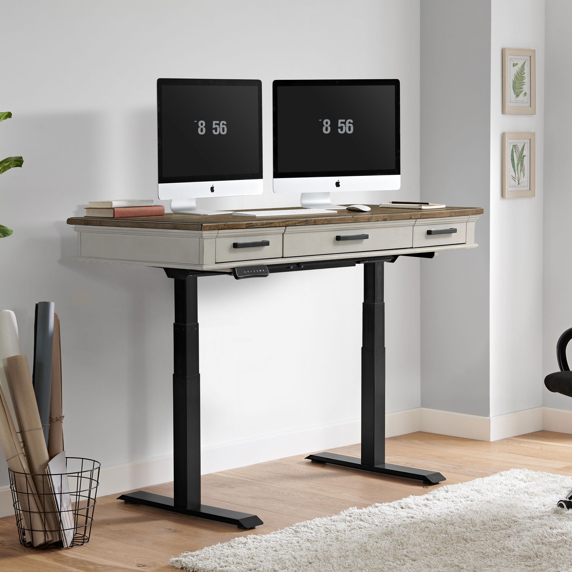 Drake - Lift Desk - Rustic White / French Oak