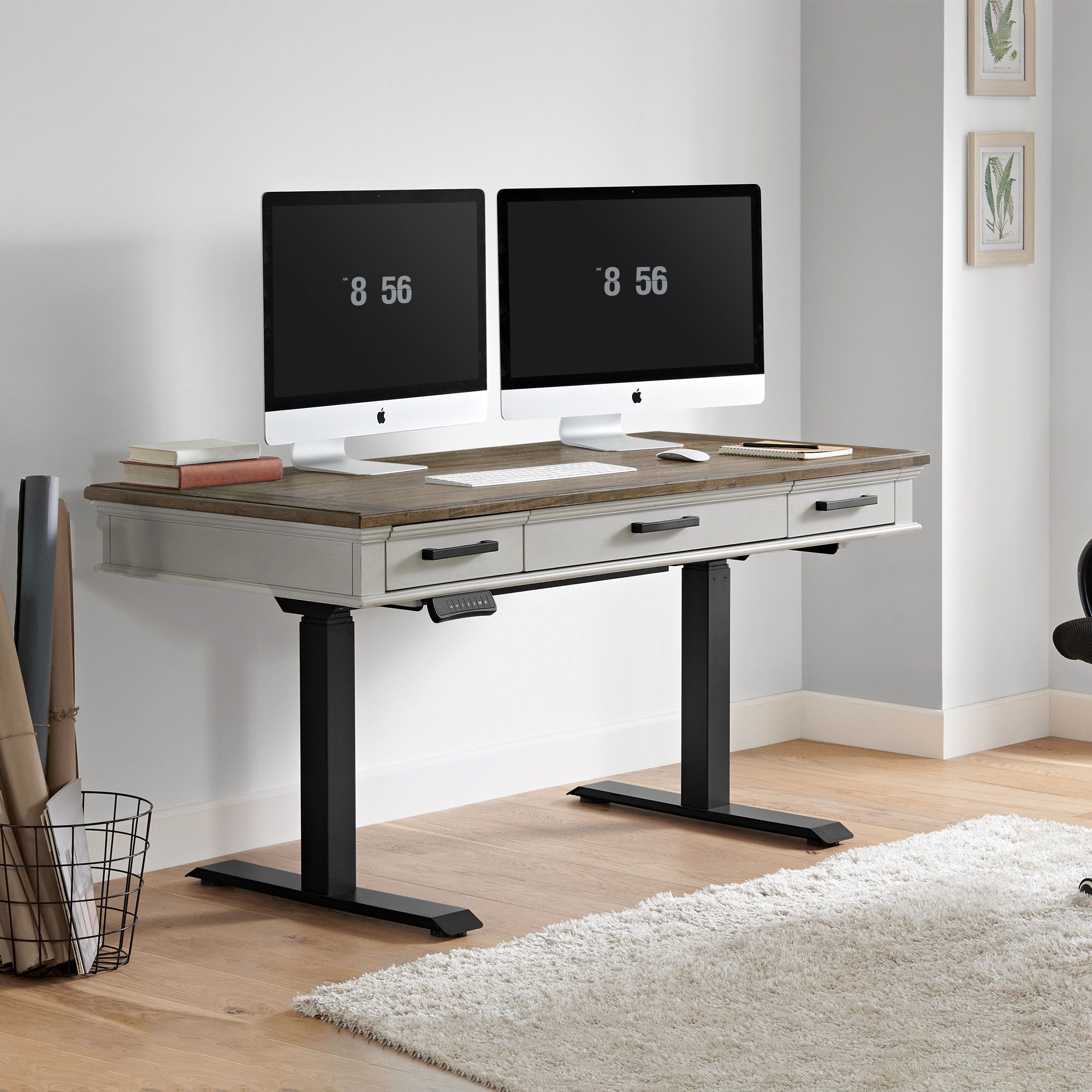 Drake - Lift Desk - Rustic White / French Oak