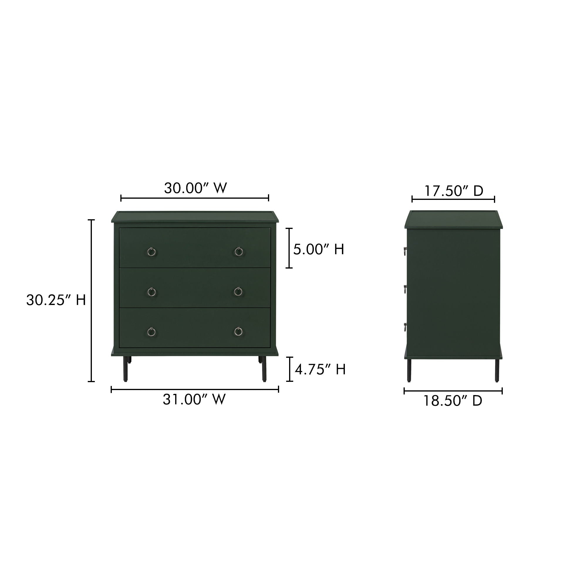 Reagan - 3 Drawer Nightstand - Deep Green