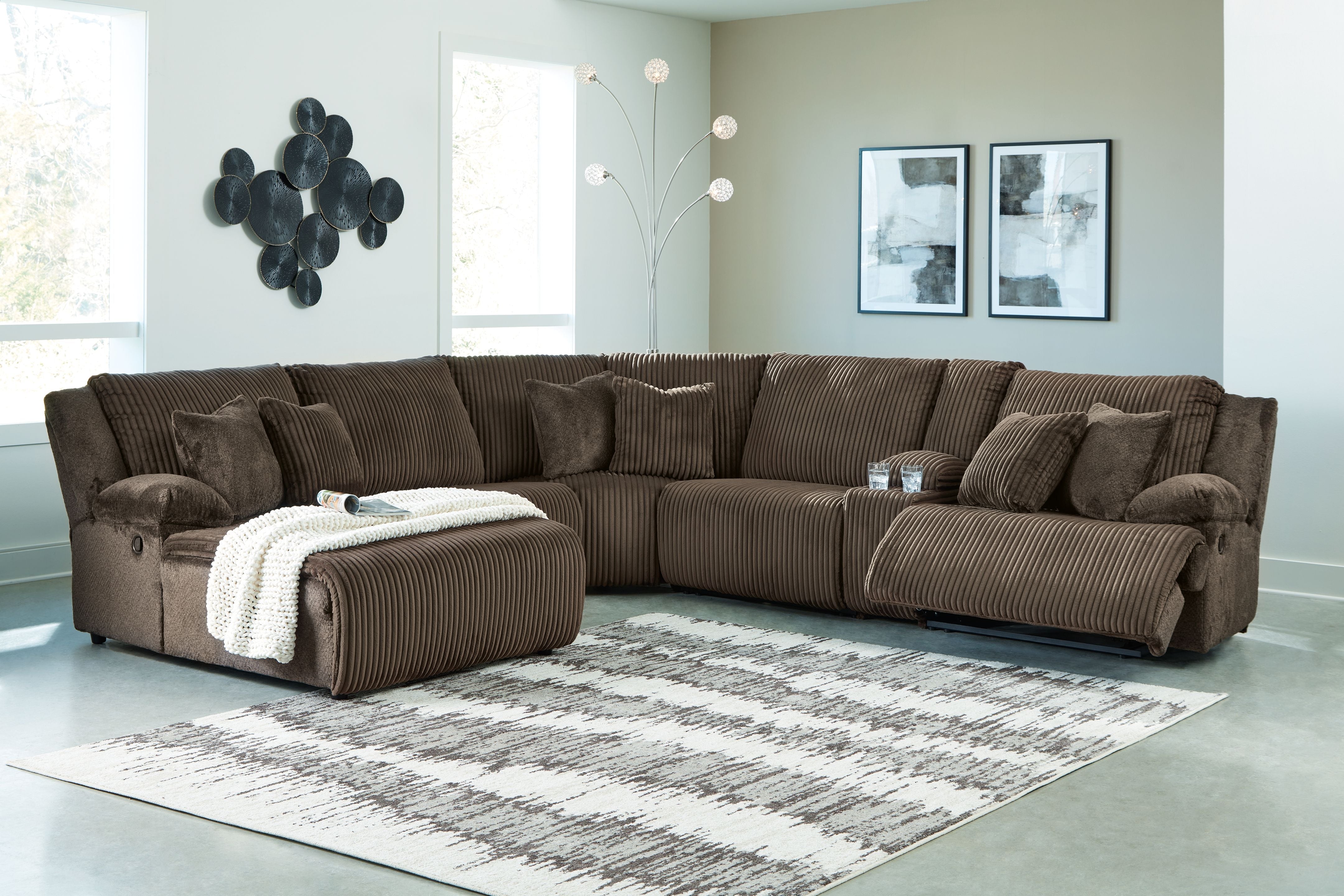 Top Tier - Chocolate - 6-Piece Reclining Sectional With Laf Press Back Chaise - Fabric