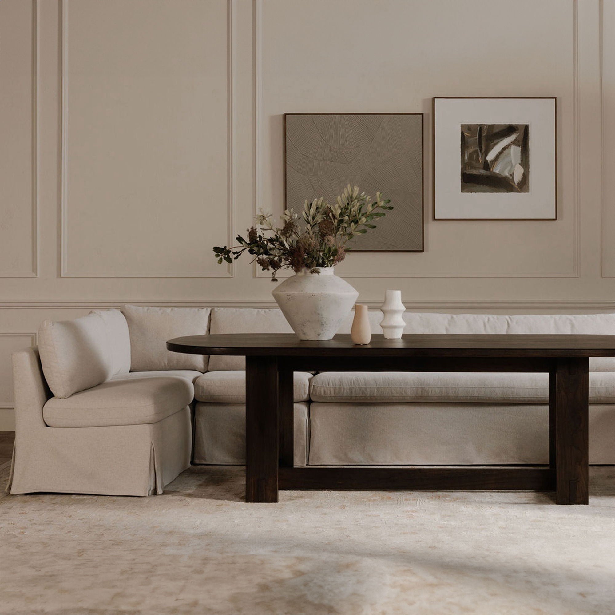 Fable - Slipcover Dining Banquette L-Shape Sectional With Slipper Chair - Beige