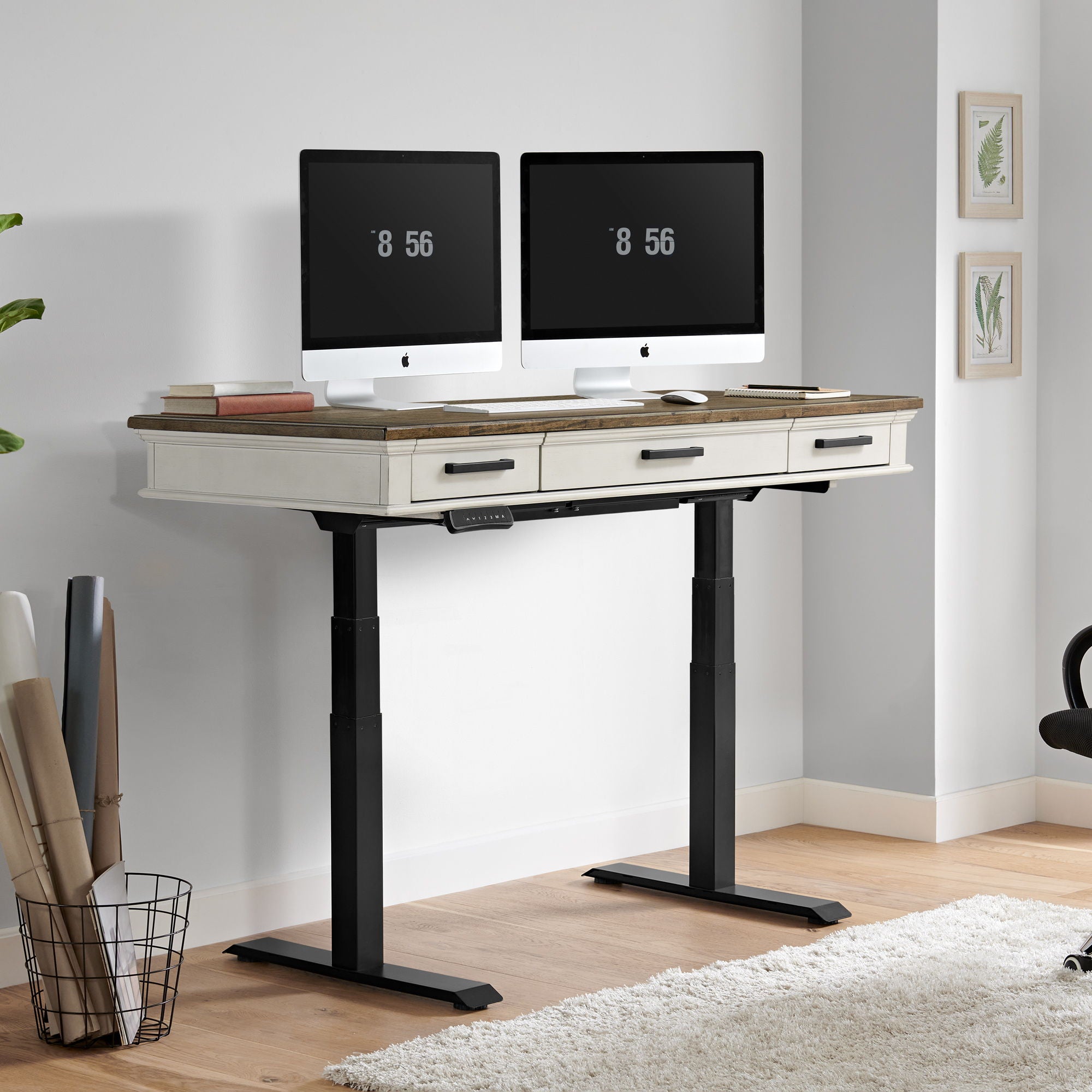 Drake - Lift Desk - Rustic White / French Oak