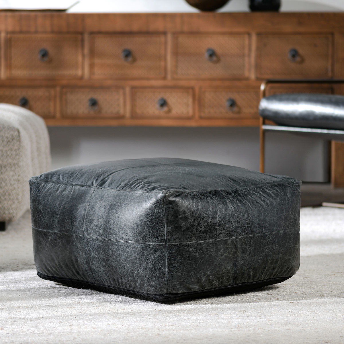 Poufs - Leather Dexter Pouf - Onyx
