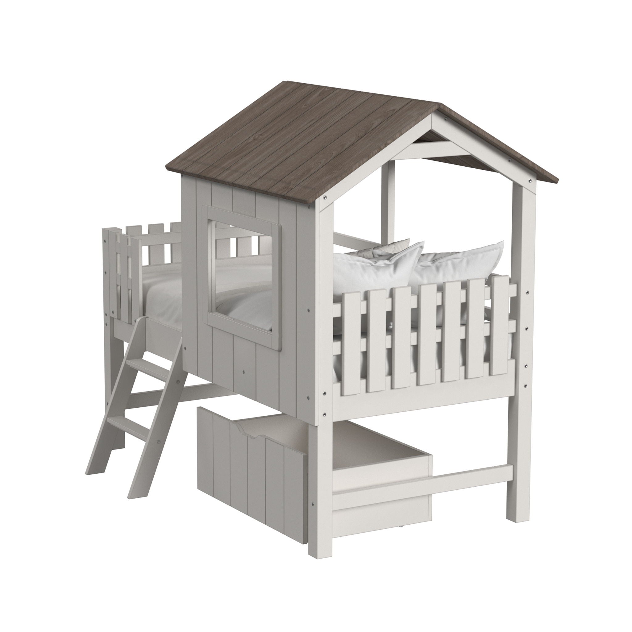 Lodge - Complete Bed With Ladder And Fencing - Cookies / Cream