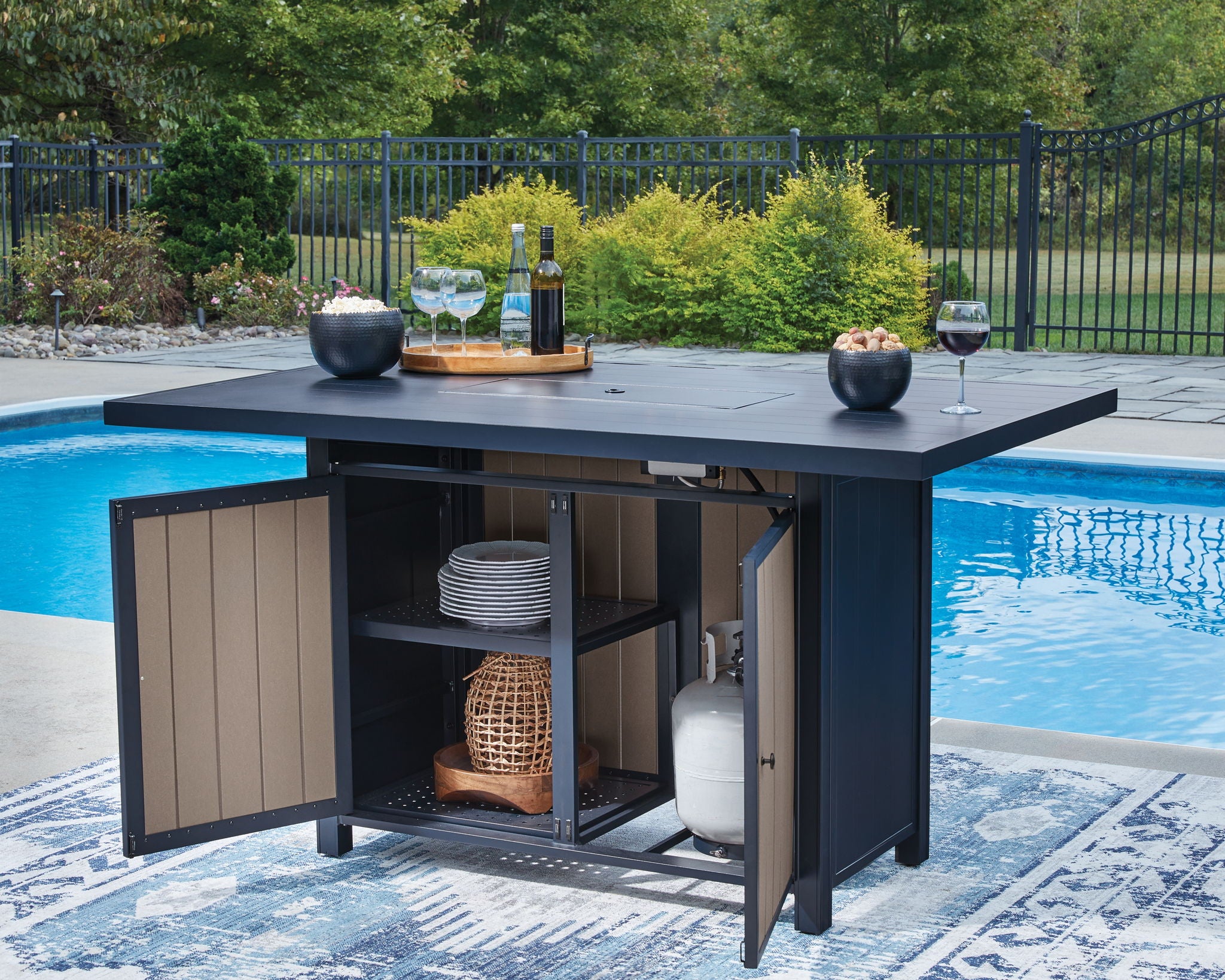 East Beach - Rectangular Bar Table With Fire Pit - Blue