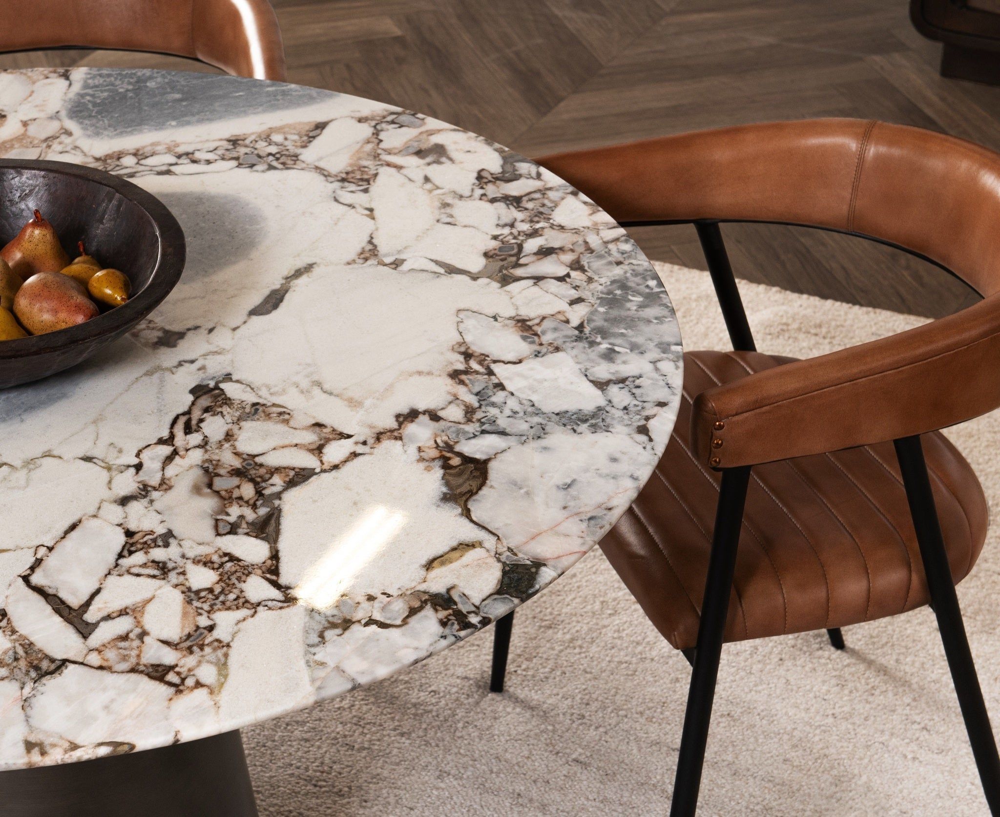 Bellina - Marble Round Dining Table - Cedar Brown/ Black