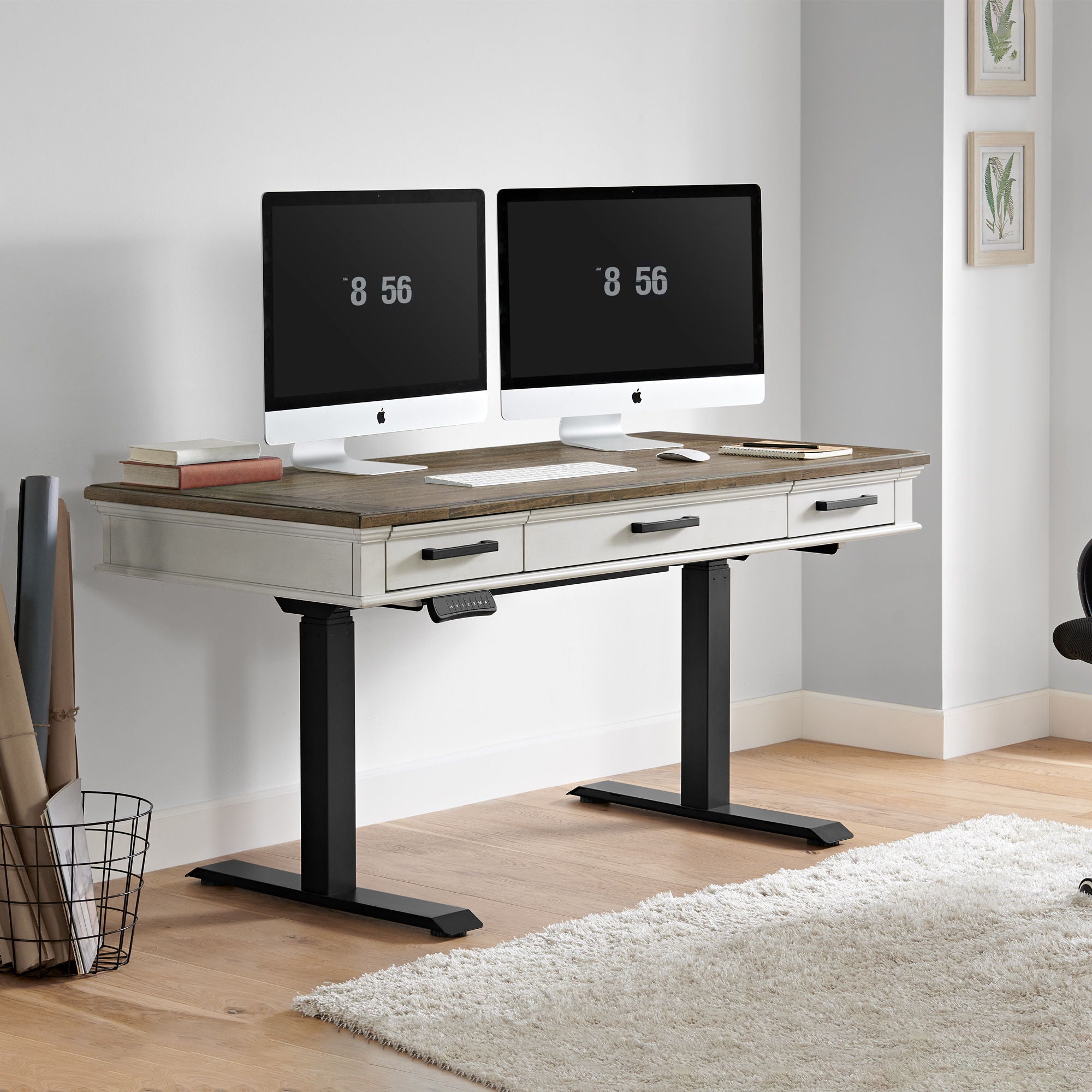 Drake - Lift Desk - Rustic White / French Oak