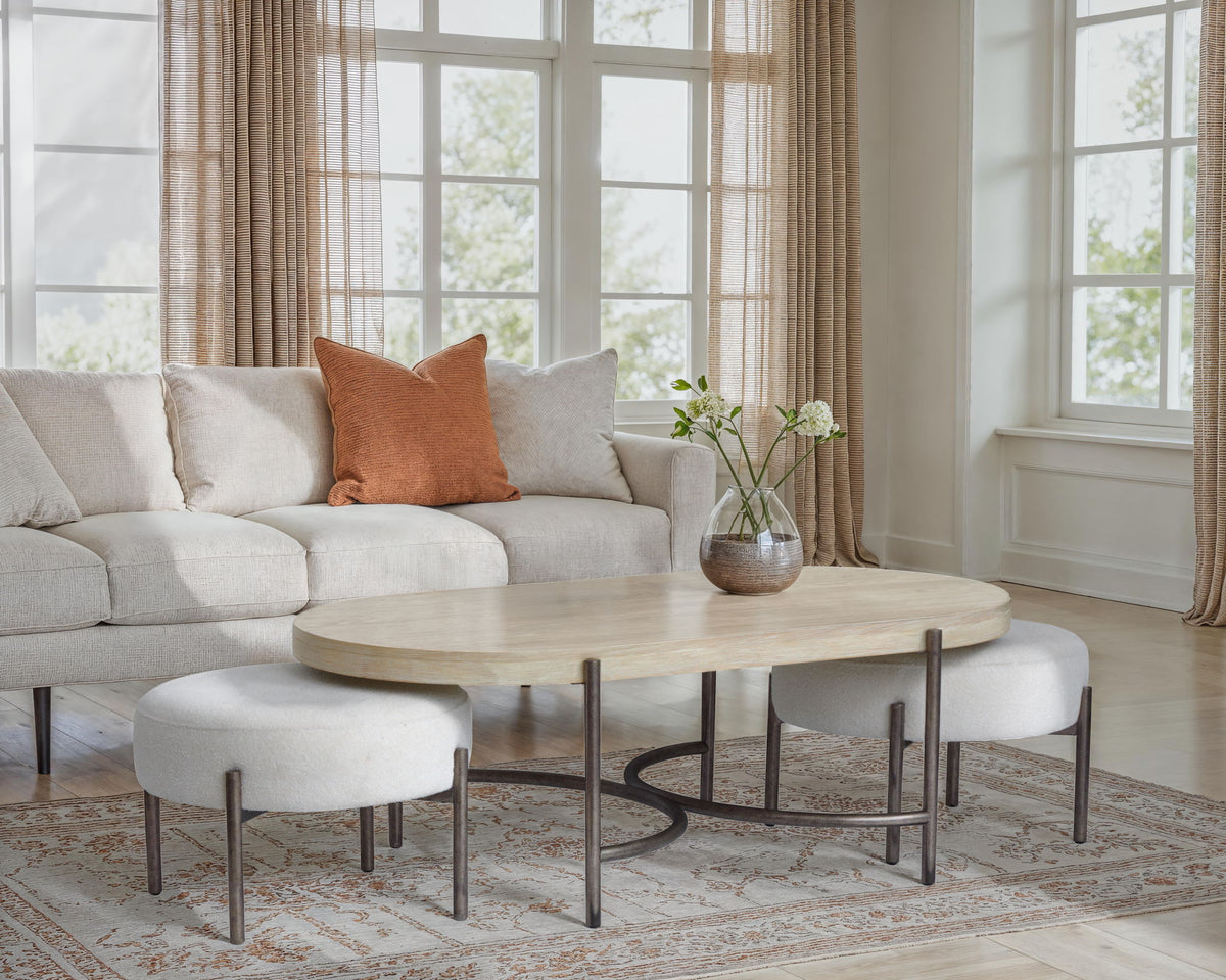 Jennings - Oval Cocktail Table With Two Ottomans - Edgecomb Gray And Weathered Antique Nickel