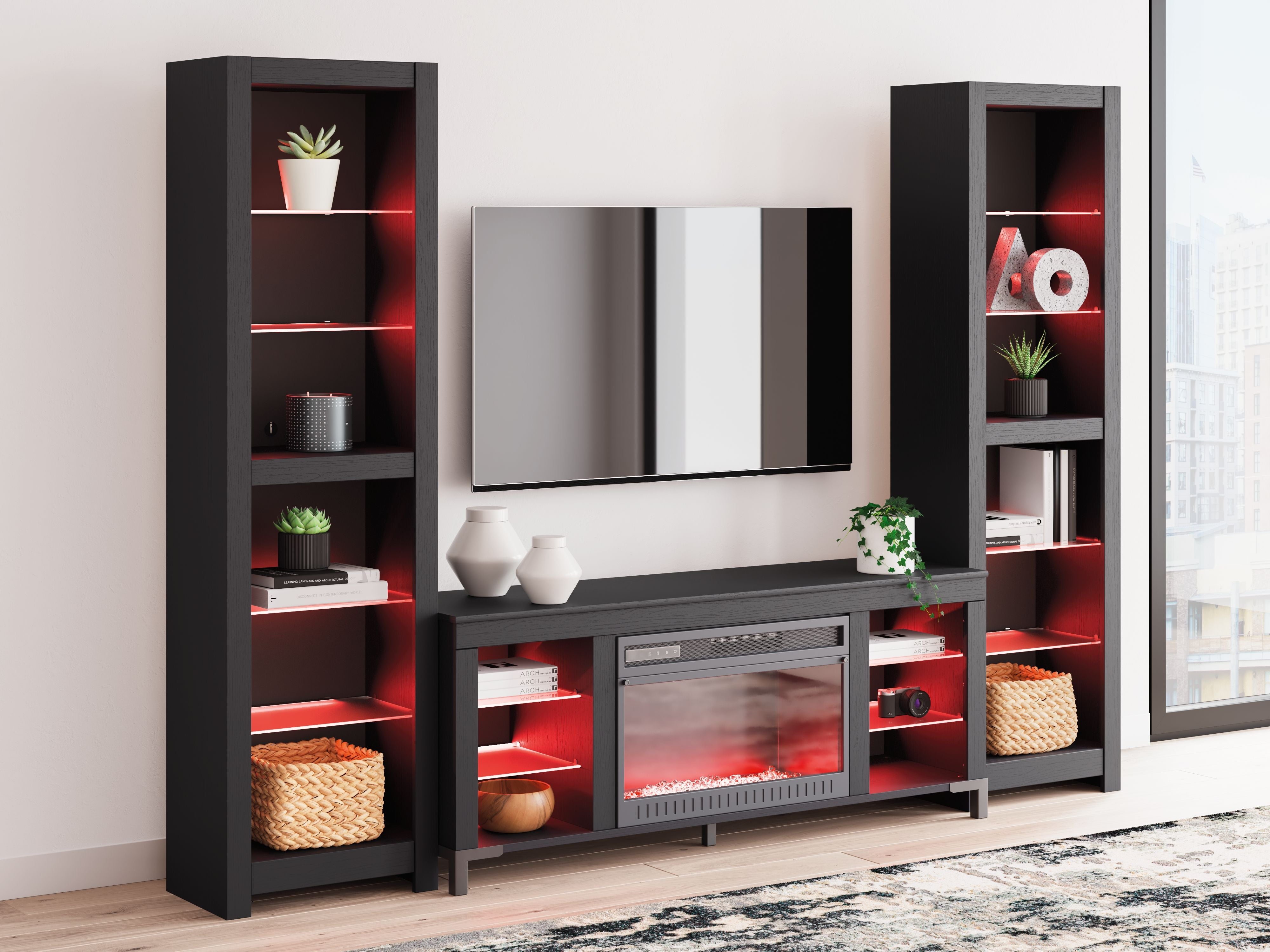 Cayberry - Black - 3-Piece Entertainment Center With Electric Fireplace