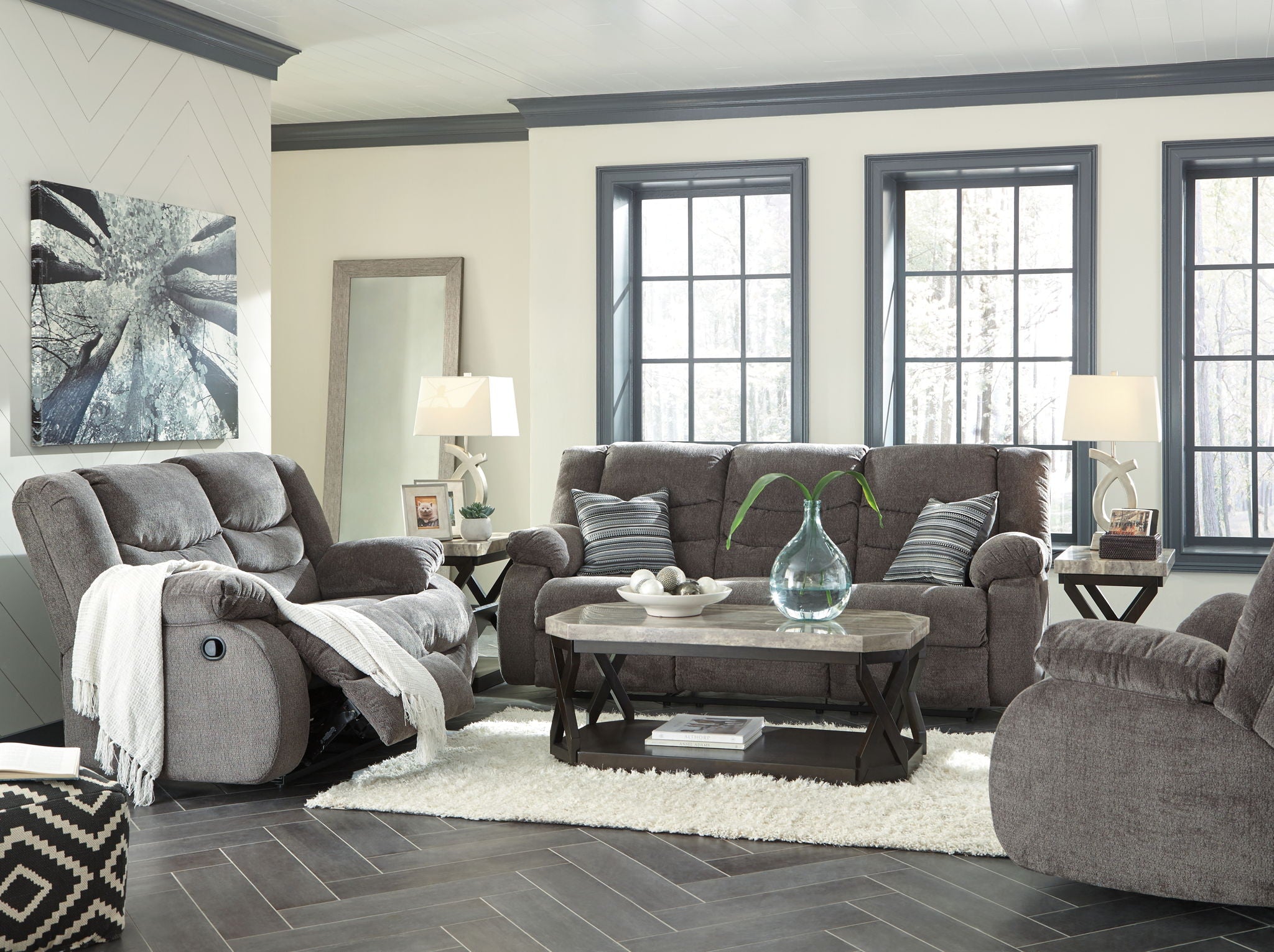Tulen - 3 Pc. - Reclining Sofa, Reclining Loveseat, Rocker Recliner - Gray