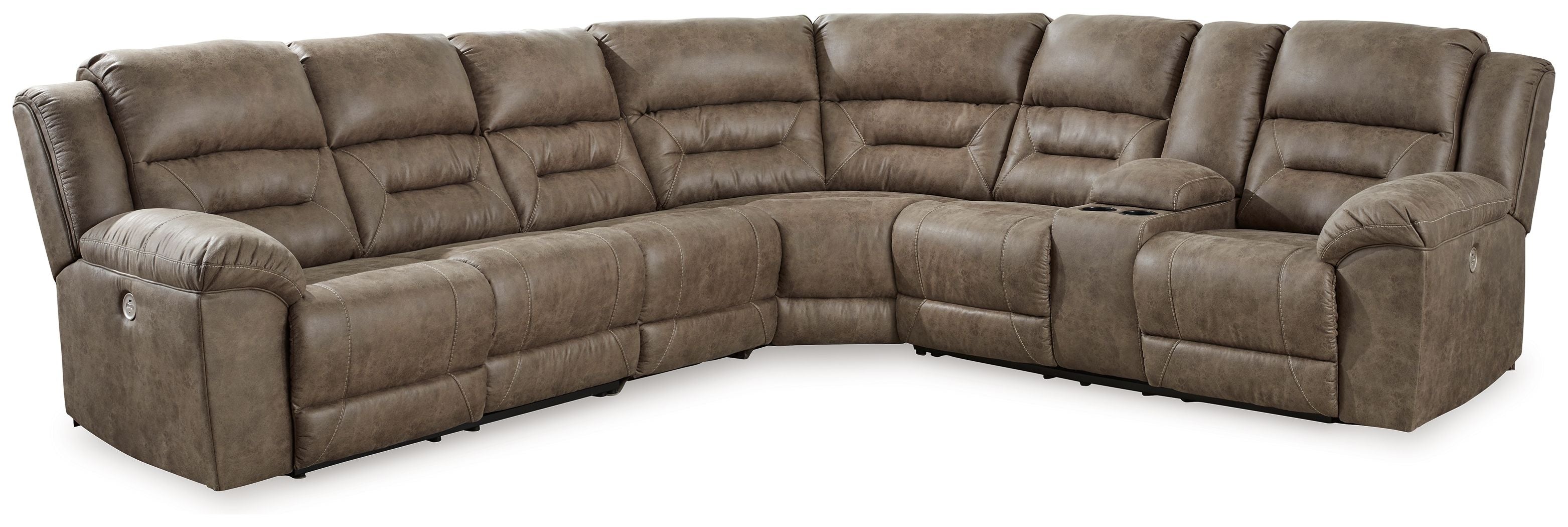 Ravenel - Fossil - 4-Piece Power Reclining Sectional With Raf Power Reclining Loveseat With Console - Faux Leather