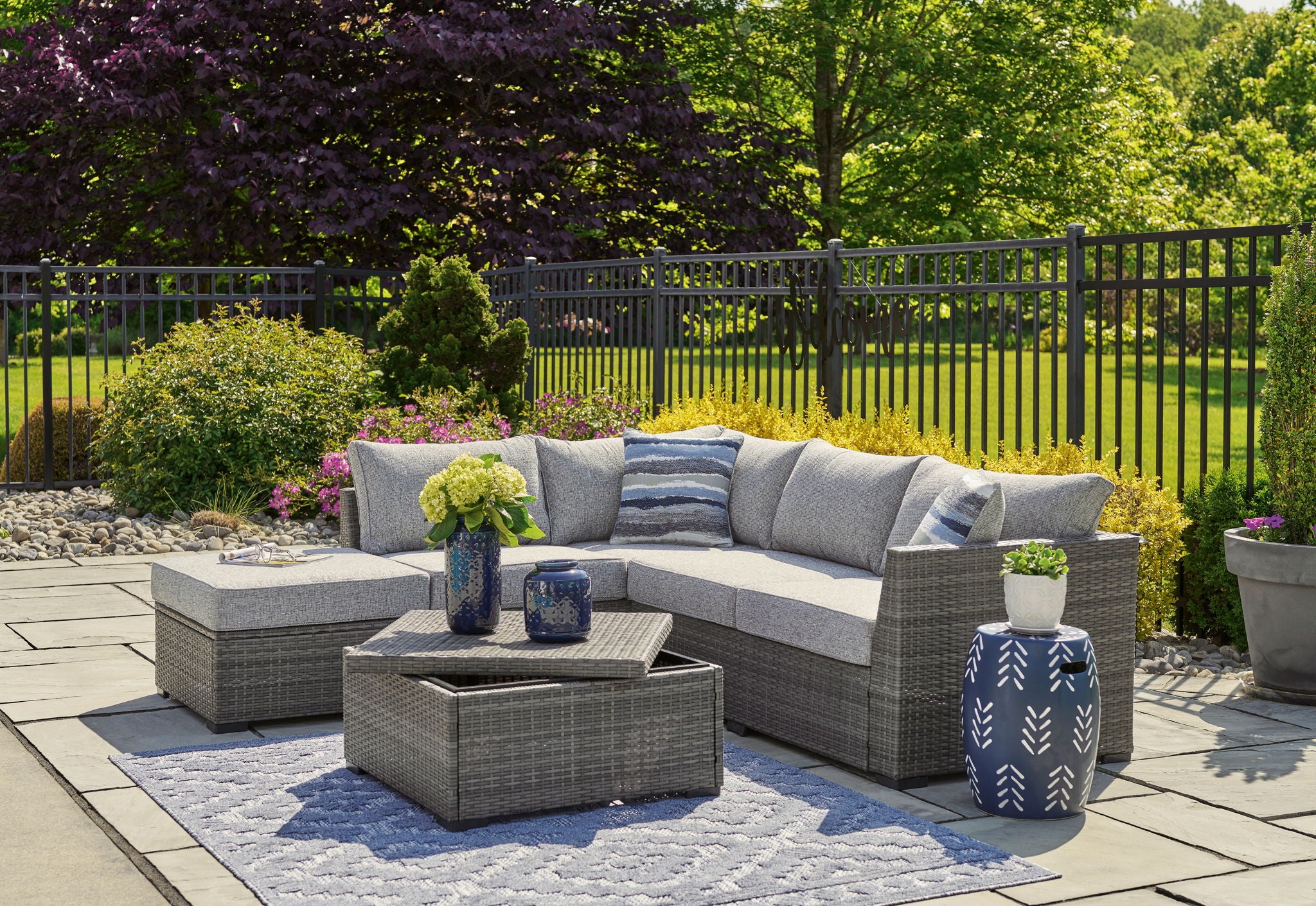 Petal Road - Loveseat Sectional, Ottoman, Table Set (Set of 4) - Gray