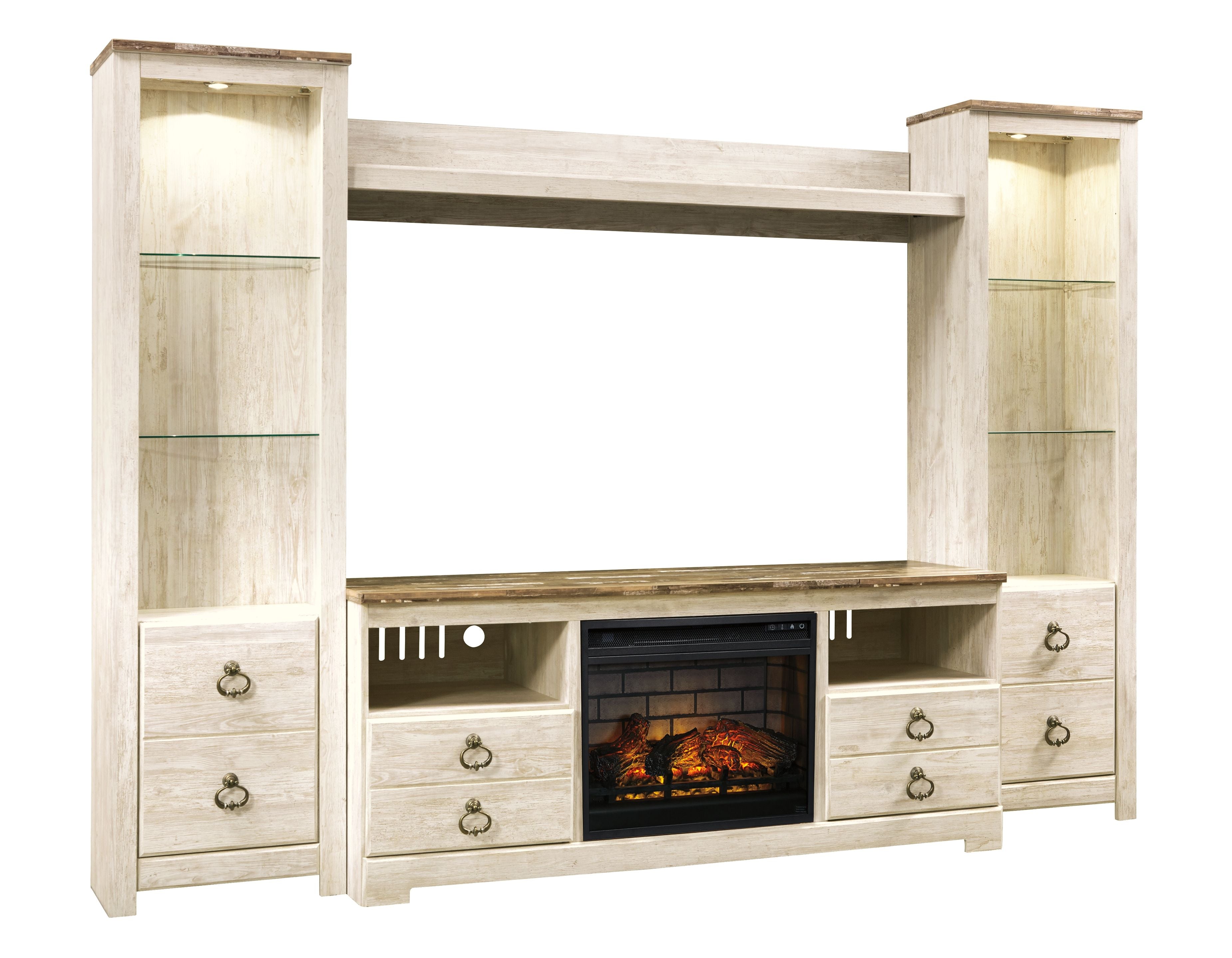 Willowton - Whitewash - Entertainment Center - TV Stand With Faux Firebrick Fireplace Insert