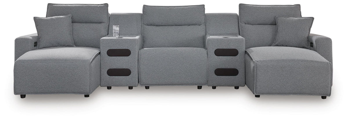 Modmax II - 5-Piece Power Reclining Sectional With Double Chaise, Power Armless Recliner And 2 Audio Consoles - Salt And Pepper - Next-Gen Nuvella