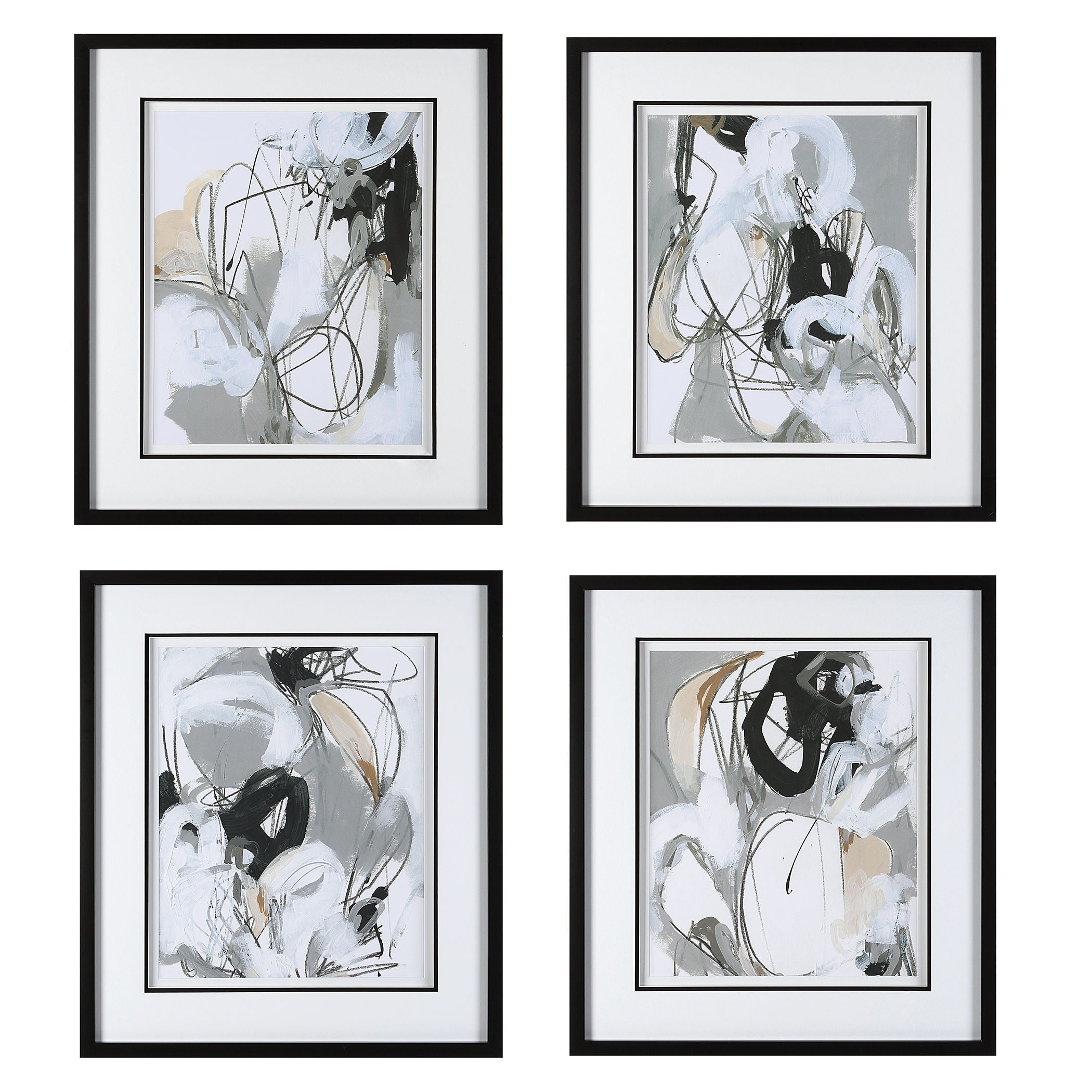 Tangled Threads - Abstract Framed Prints (Set of 4) - Pearl Silver