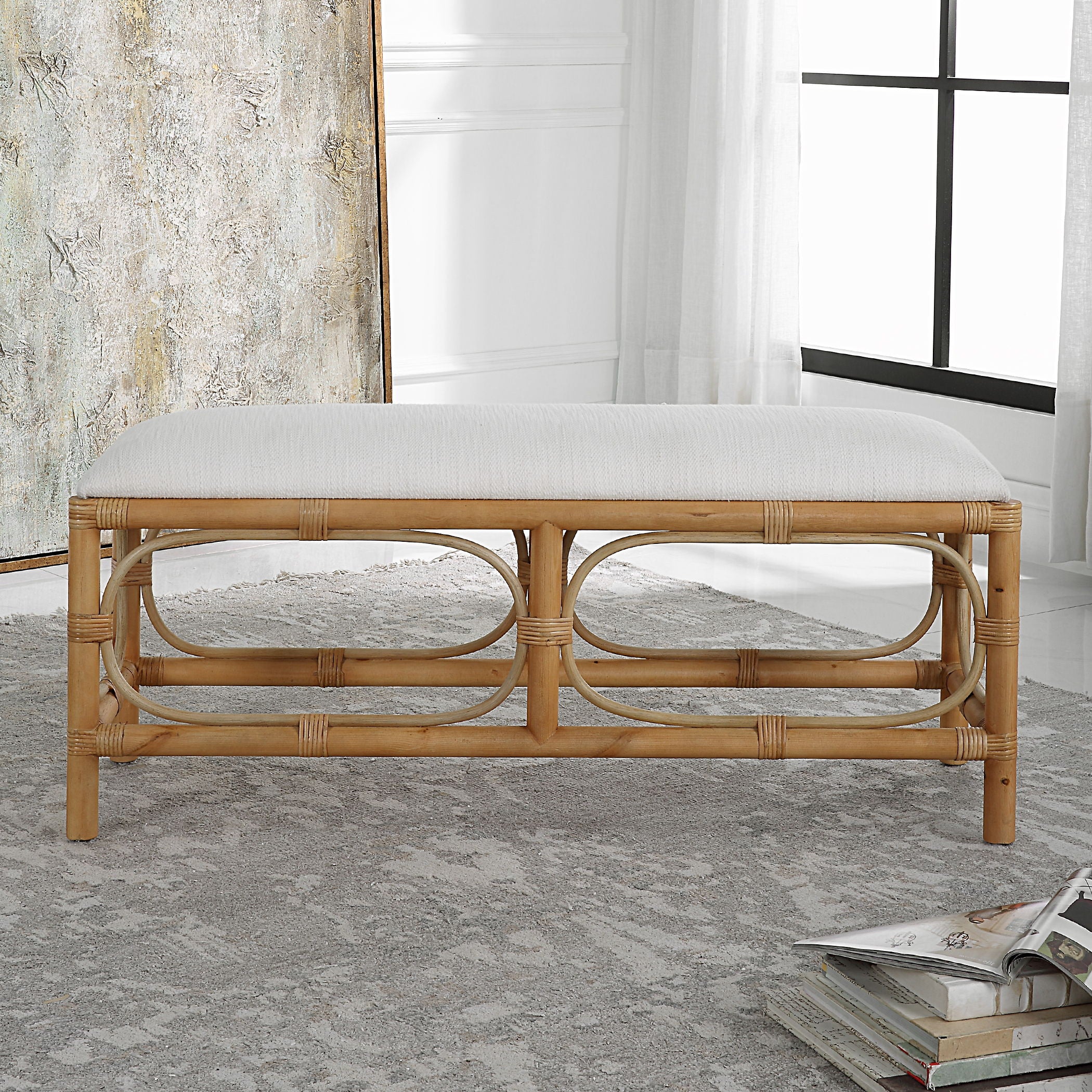 Laguna Fabric Rattan Bench White