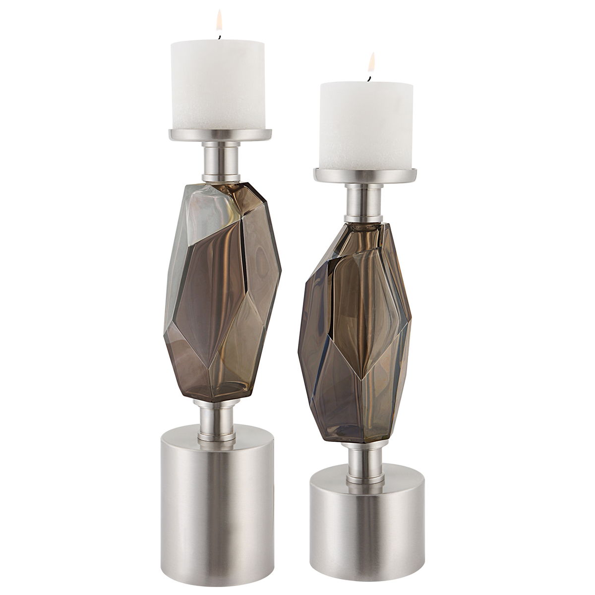 Ore - Candleholders (Set of 2) - Dark Brown & Pearl Silver